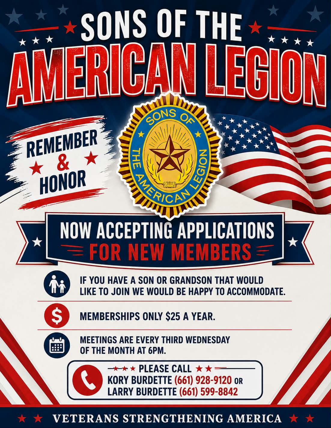 Sons of the American Legion flyer. Now accepting applications for new members