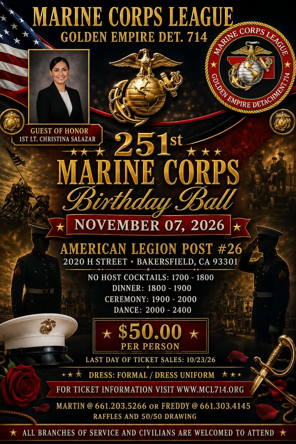 Marine Corps Birthday Ball flyer hosted at American Legion Post 26