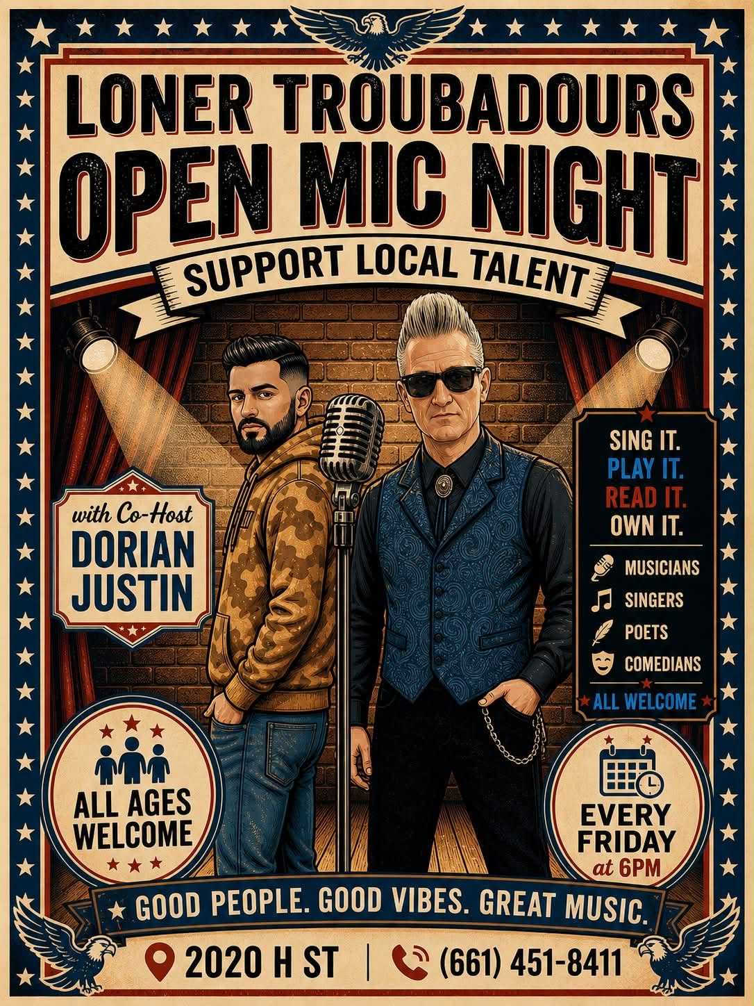 Open mic night flyer, every Friday at 6PM